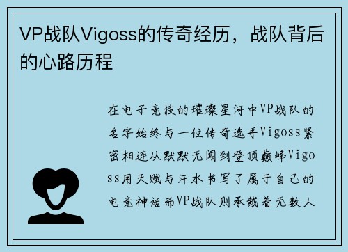 VP战队Vigoss的传奇经历，战队背后的心路历程