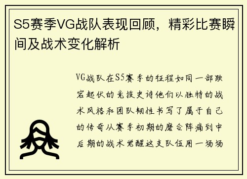 S5赛季VG战队表现回顾，精彩比赛瞬间及战术变化解析